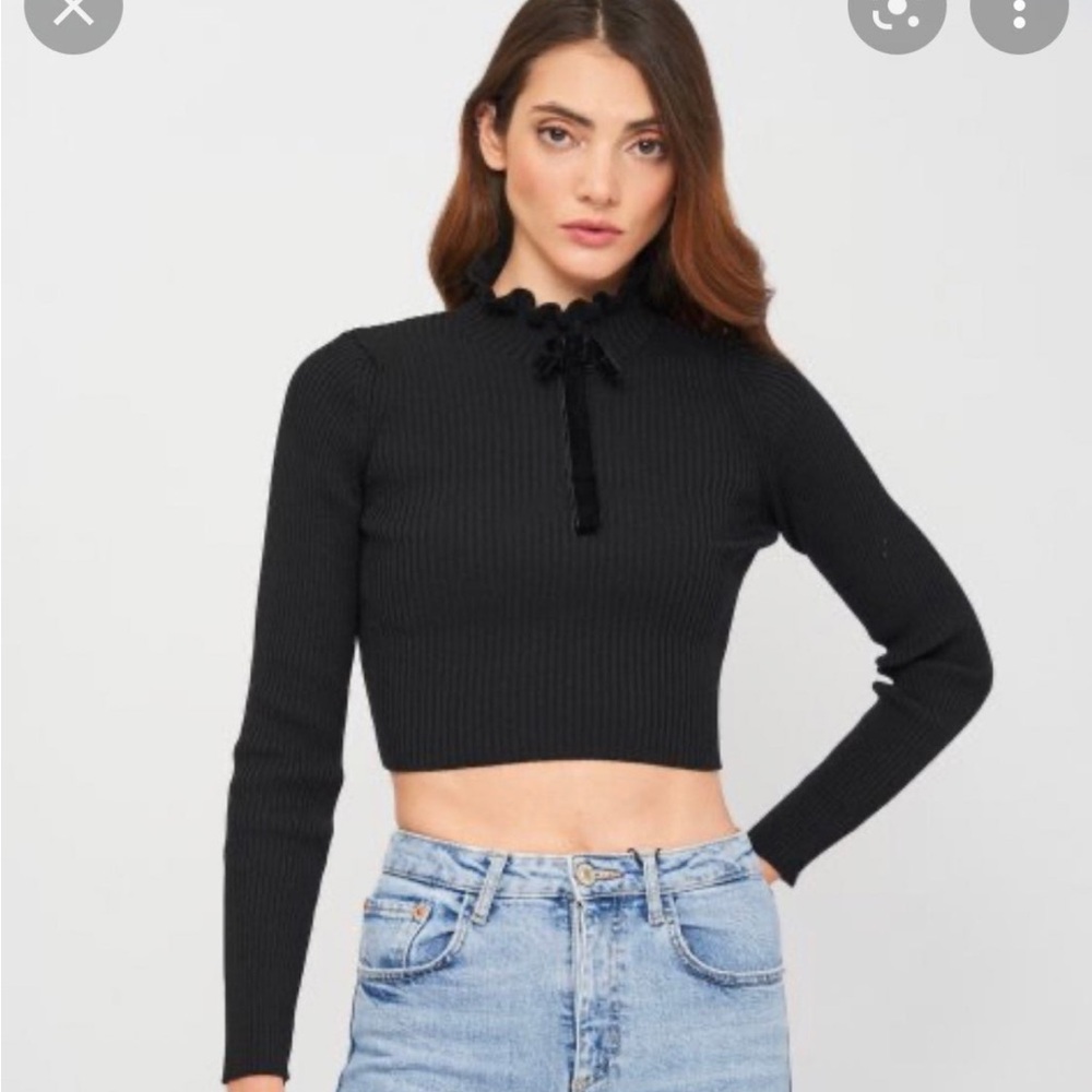 Zara Black Ribbed Velvet Bow Sweater